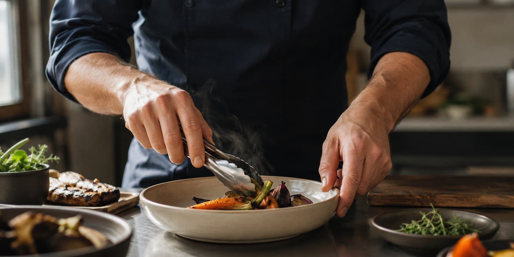 Le chef dresse une assiette creuse : les légumes rôtis déposés en premier, à la pince.