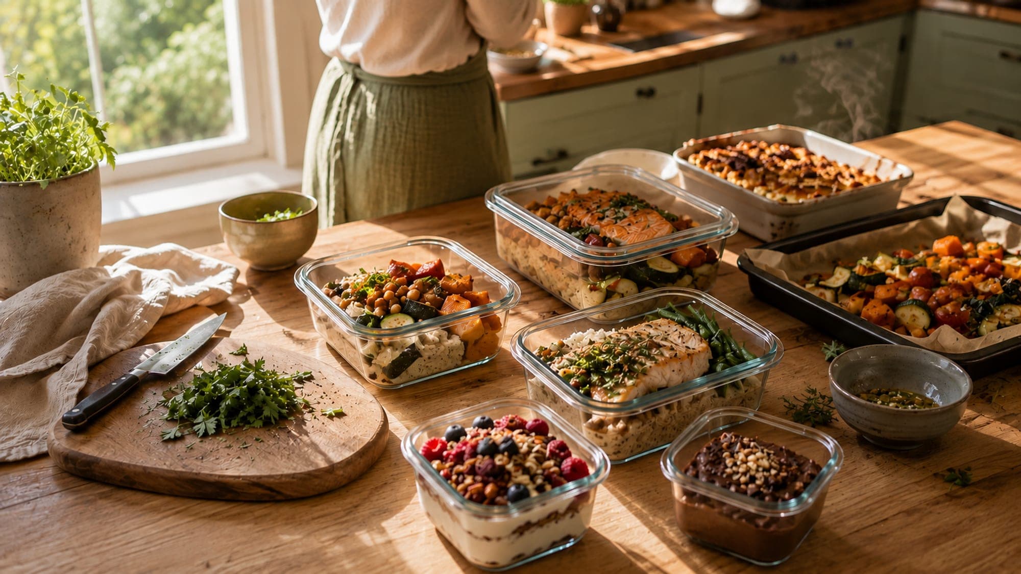 Des repas préparés dans des boîtes en verre, prêts pour les prochains jours.