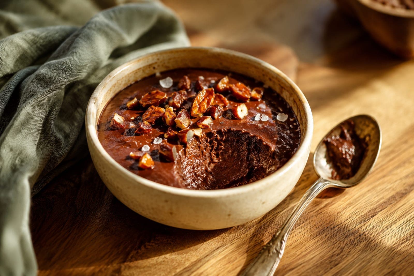 Un dessert Hormonia : mousse au chocolat noir, éclats caramélisés et fleur de sel, dans un bol en céramique.
